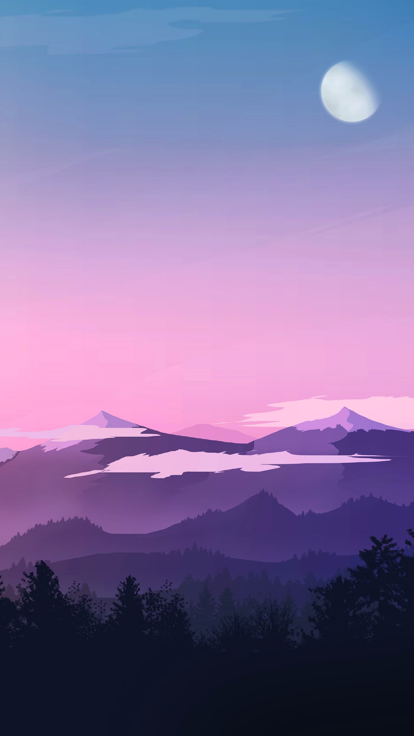 Moon Evening Sky Mountains Forest Silhouette x