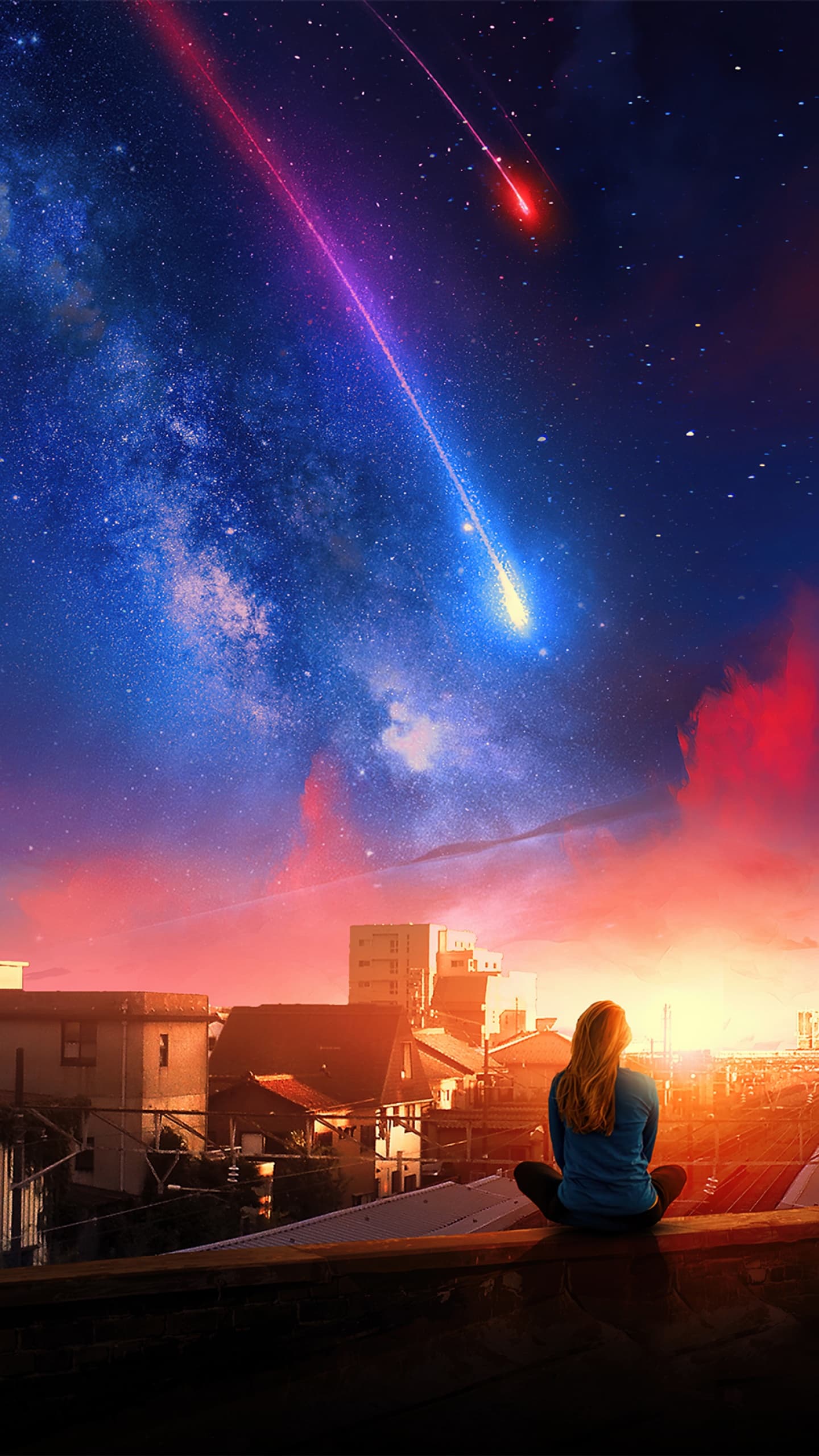 Alone Girl Woman Falling Stars Town Home Milky Way Dream x - free HD phone wallpaper for iPhone and Android, 1284x2778
