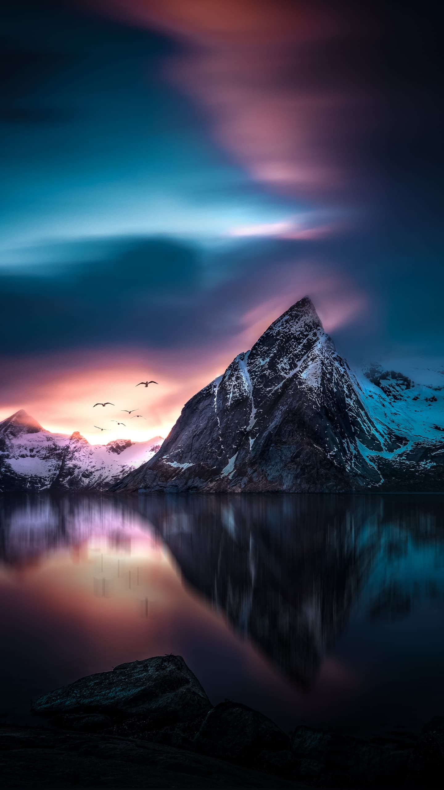 Mountains Peak Lake Reflection Winter Cold Sunset Scenic x