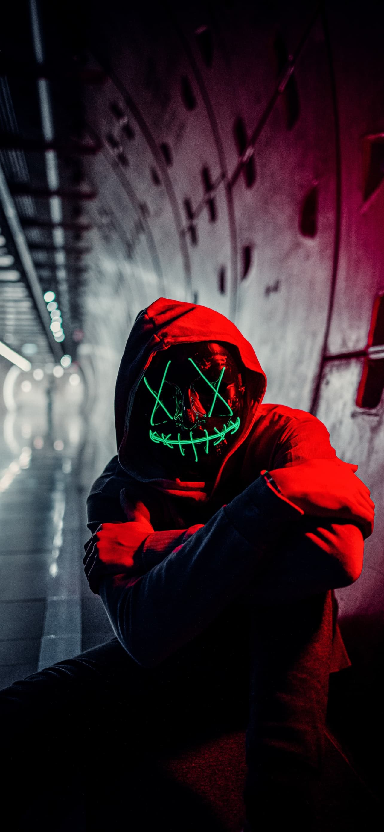 Neon Mask Red Hoodie Tunnel Portrait Face Mask Anonymous 5k x