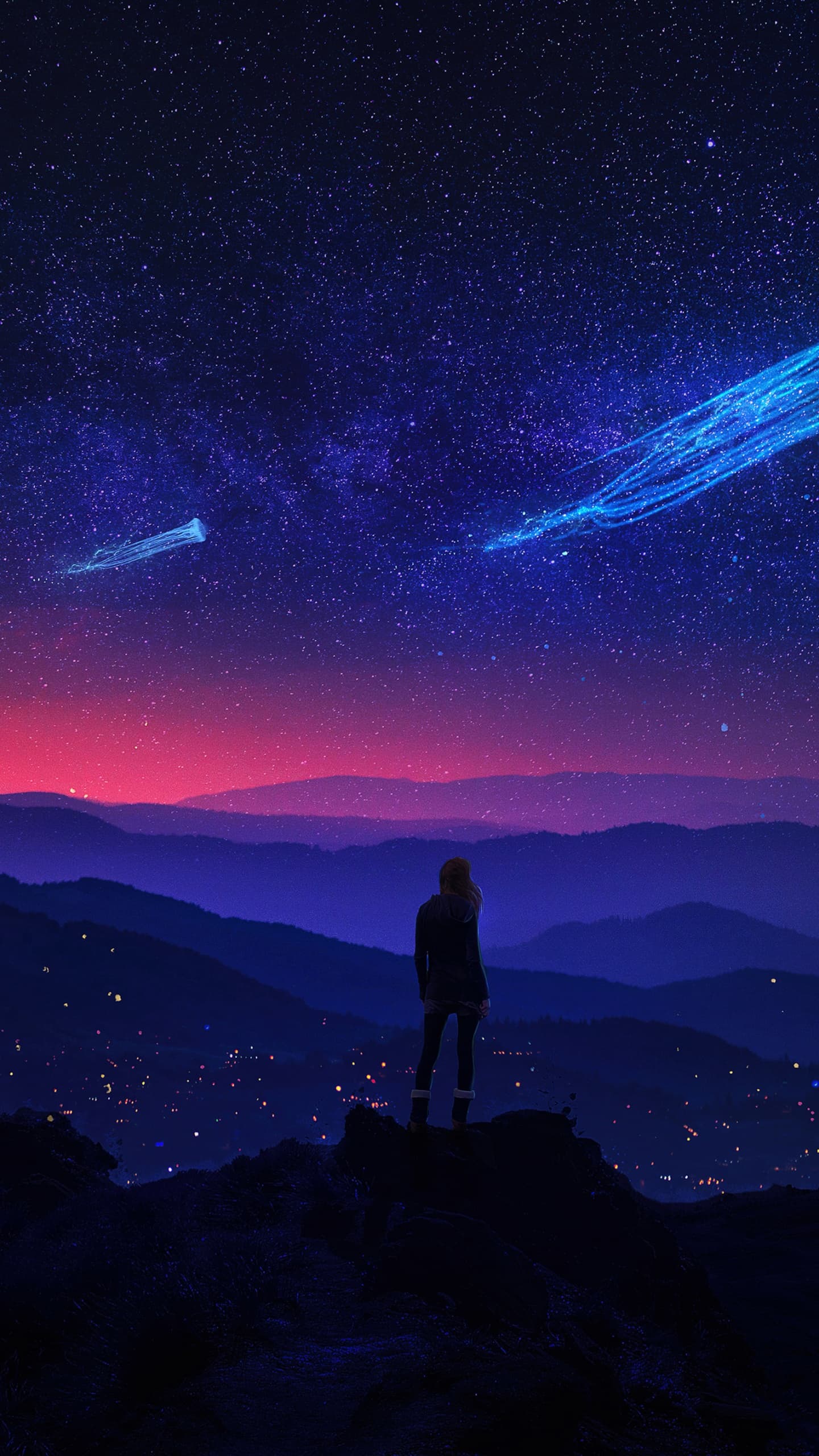 Surreal Girl Night Starry Sky Night Sky Jellyfishes Dream x - free HD phone wallpaper for iPhone and Android, 1284x2778