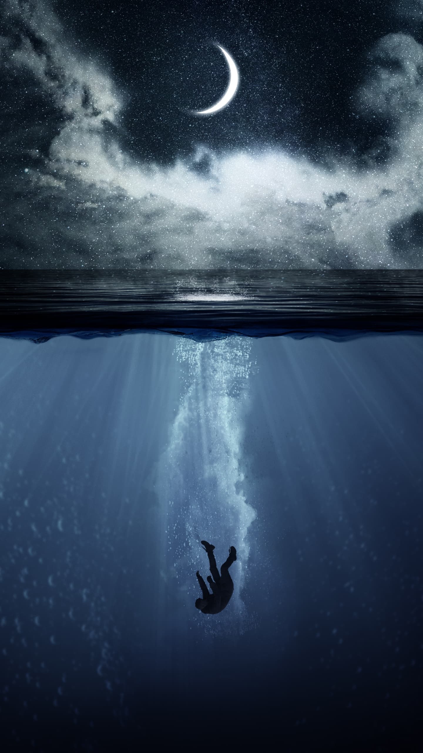 Underwater Crescent Moon Ocean Waves Horizon Illustration x